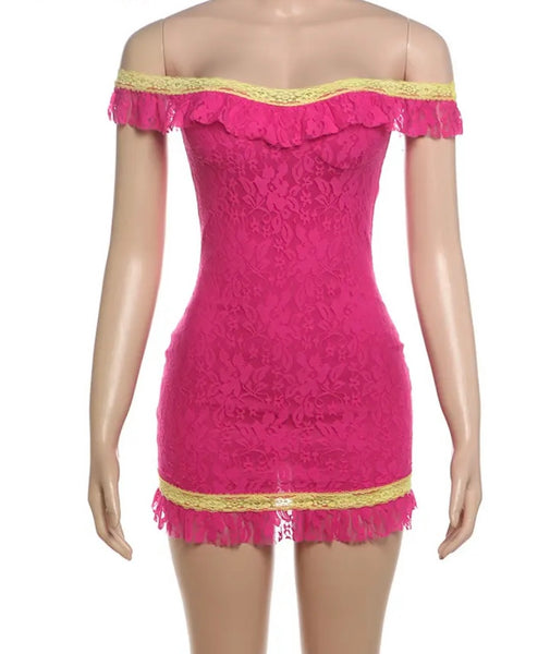 Women Sexy Pink Color Patchwork Lace Off The Shoulder Dress