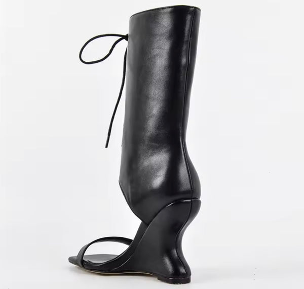 Women Fashion Open Toe Platform Wedge Tie Up Ankle Boots