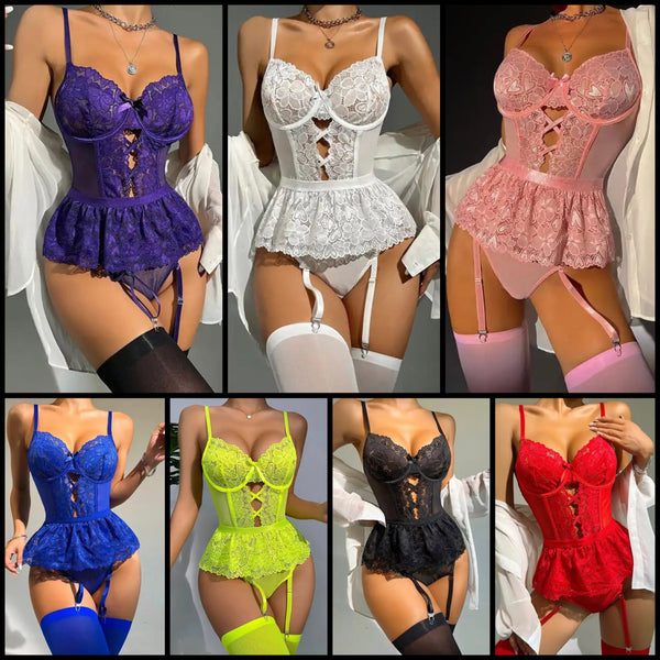 Women Sexy Sleeveless Lace Bodysuit Lingerie Set