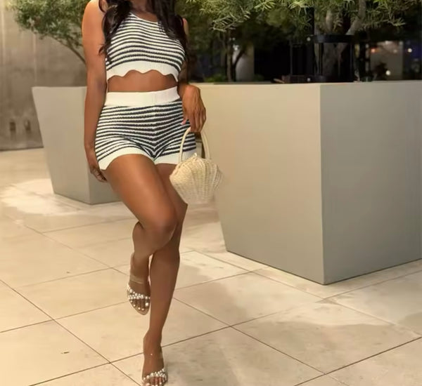 Women Sexy Sleeveless Color Striped Two Piece Short Set