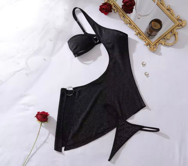 Women Black Sexy Sparkly Cut Out Lingerie Set