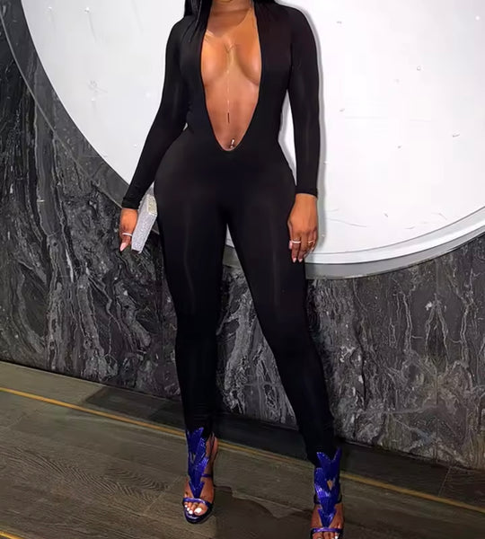 Women Sexy Deep V-Neck Open Back Full Sleeve Jumpsuit