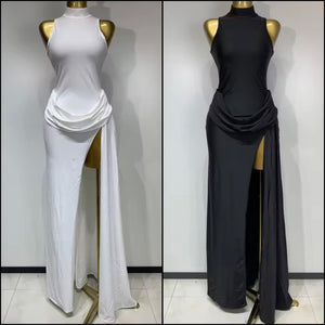 Women Sexy Sleeveless Solid Color Ruched Side Split Maxi Dress