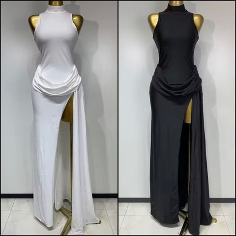 Women Sexy Sleeveless Solid Color Ruched Side Split Maxi Dress