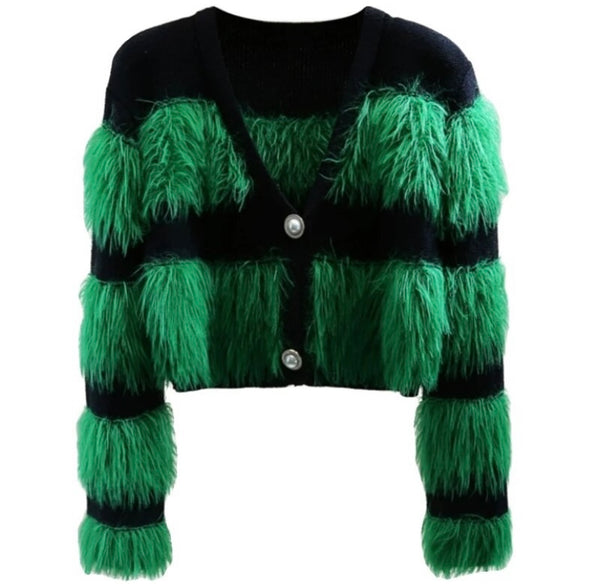 Women Fashion Button Up Color Patchwork Faux Fur Sweater Top