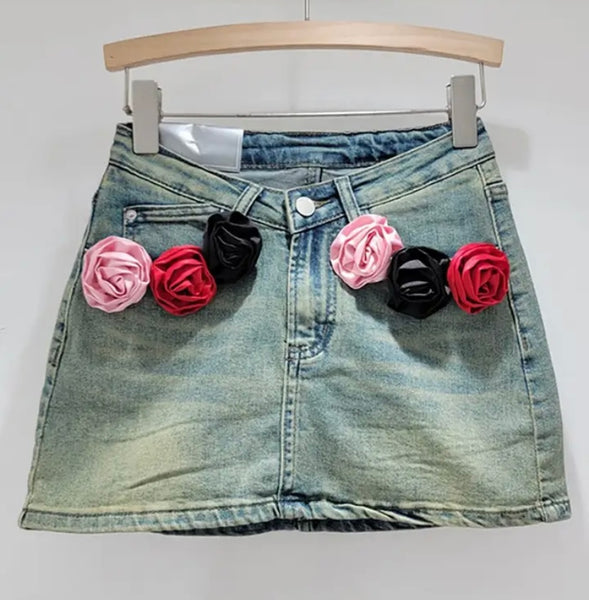 Women Color Floral Patchwork Fashion Denim Skirt