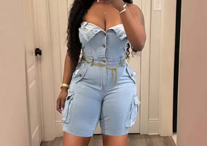 Women Strapless Button Up Fashion Cargo Romper