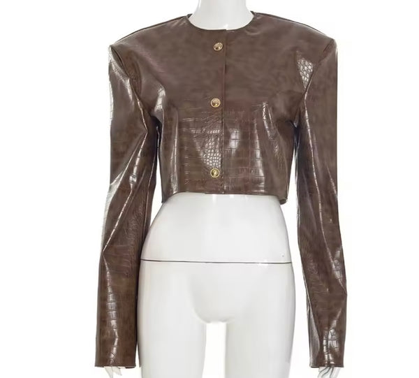 Women Fashion Gold Button Faux Leather Crop Jacket