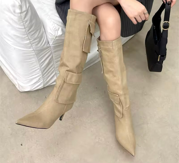 Women Pocket Fashion High Heel Knee High Boots