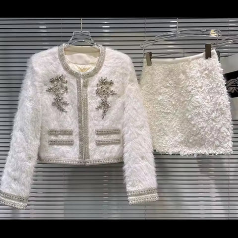 Women White Rhinestone Sequins Quilted Blazer Two Piece Skirt Set