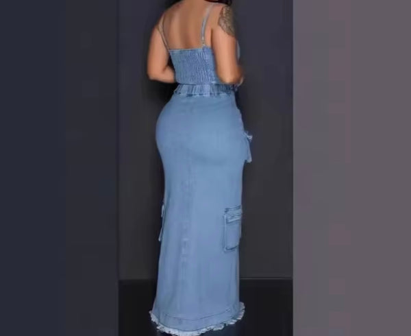Women Sleeveless Zip Up Denim Two Piece Sexy Maxi Skirt Set