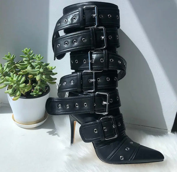 Women Fashion Pointed Toe Buckled Faux Leather Boots