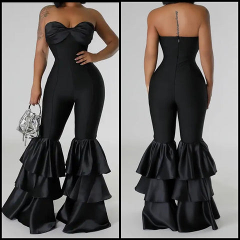 Women Black Sexy Strapless Ruffled Wide Leg Jumpsuit