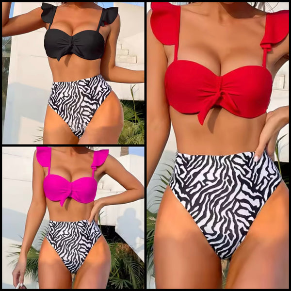 Women Sexy Ruffled Sleeveless Zebra Print Color Bikini