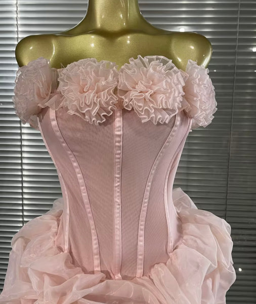Women Pink Sexy Floral Strapless Mesh Dress