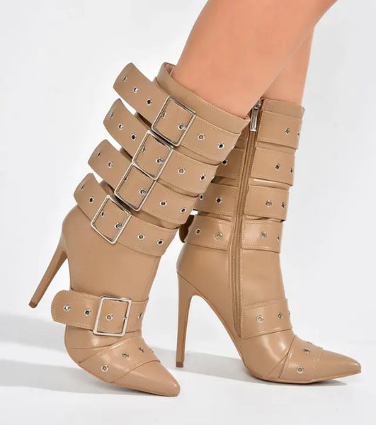 Women Fashion Pointed Toe Buckled Ankle Boots