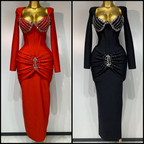 Women Sexy V-neck Bling Full Sleeve Bandage Maxi Dress
