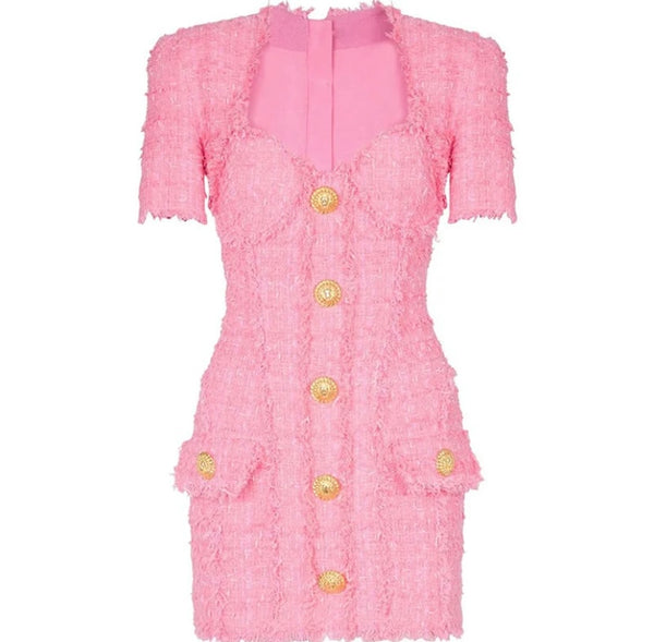 Women Sexy Pink Button Up Short Sleeve Tweed Dress