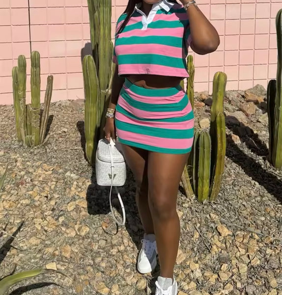 Women Collar Short Sleeve Striped Fashion Two Piece Skirt Set