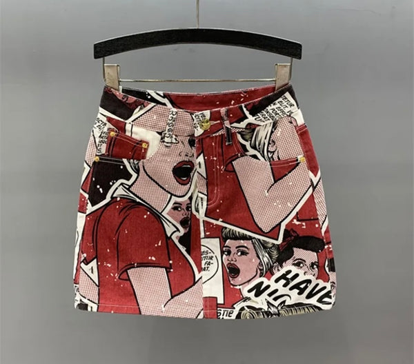 Women Fashion Cartoon Letter Print Denim Skirt