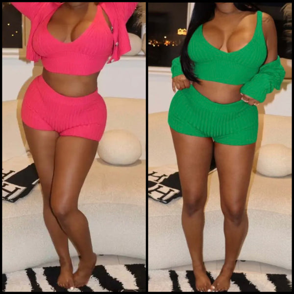Women Fashion Solid Color Three Piece Short Set