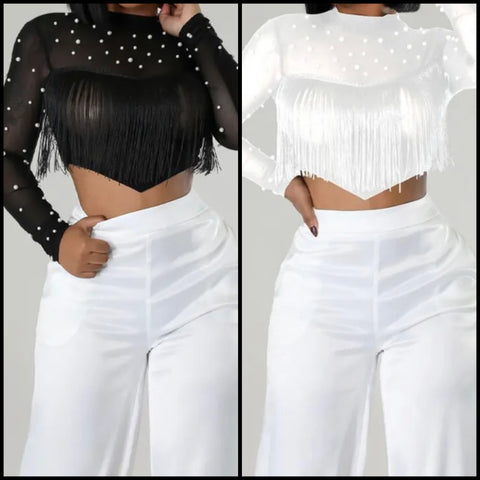 Women Pearl Tassel Mesh Full Sleeve Fashion Crop Top