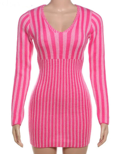 Women Sexy Pink Striped Full Sleeve Open Back Dress