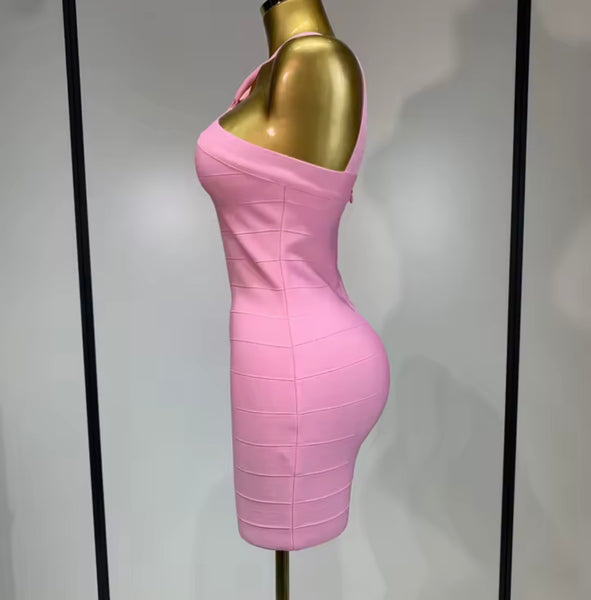 Women Sexy Pink Halter Sleeveless Bandage Dress