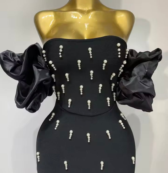 Women Sexy Strapless Pearl Patchwork Maxi Dress