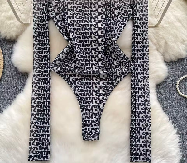 Women Fashion B&W Letter Print Full Sleeve Mesh Bodysuit Top