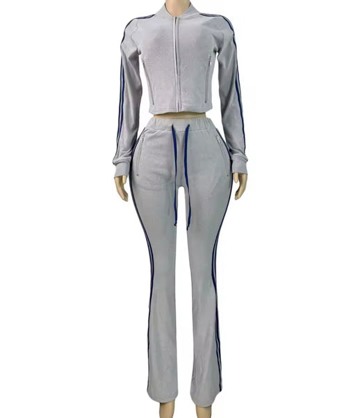 Women Fashion Velour Striped Zip Up Tracksuit Two Piece Pant Set