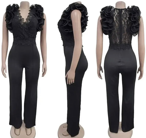 Women Sexy Color Ruffled Lace Patchwork Short Sleeve Jumpsuit