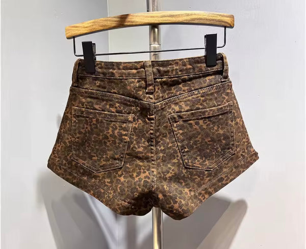 Women Fashion Leopard Denim Shorts