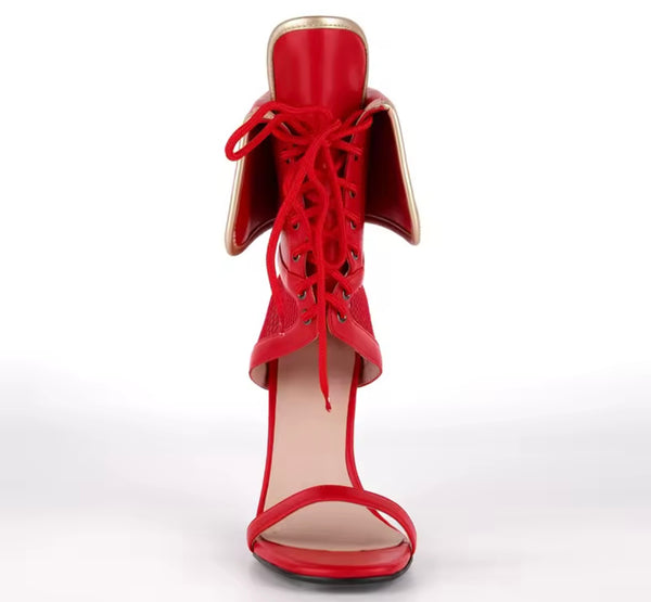 Women Fashion Open Toe Color Patchwork Tie Up High Heel Ankle Boots