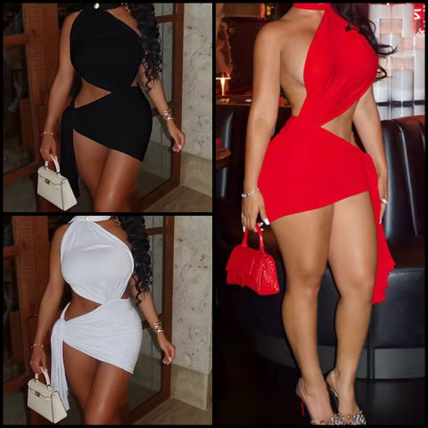 Women Sexy Halter One Shoulder Sleeveless Cut Out Dress