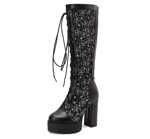 Women Fashion Color Floral Mesh Lace Up Platform Knee High Boots