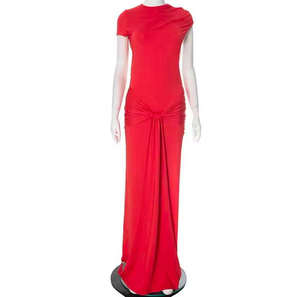 Women Sexy Red Short Sleeve Open Back Side Split Maxi Dress