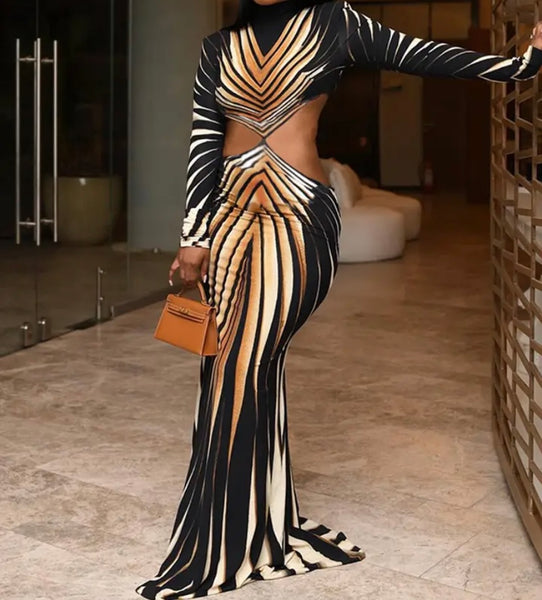 Women Sexy Cut Out Full Sleeve Printed Maxi Dress
