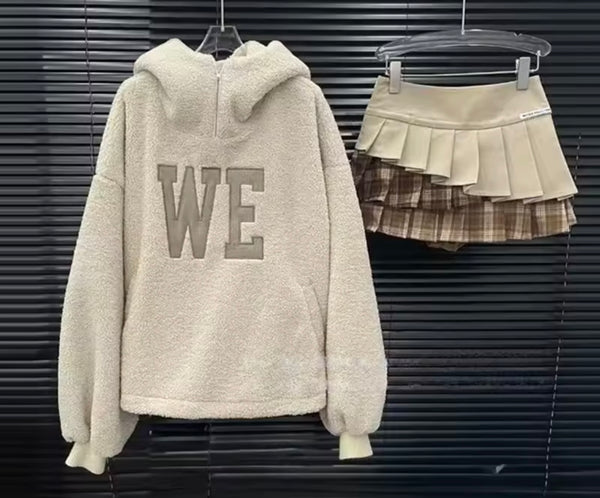 Women Letter Print Hooded Sweater Two Piece Plaid Pleated Skirt Set