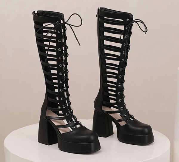 Women Fashion Cut Out Lace Up Knee High Boots