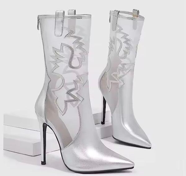 Women Fashion Silver Mesh High Heel Ankle Boots