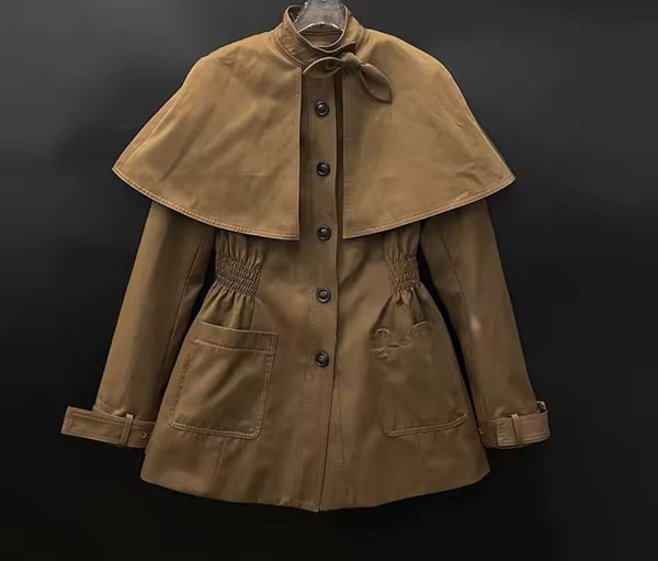 Women Brown Fashion Button Up Cape Trench Jacket Set