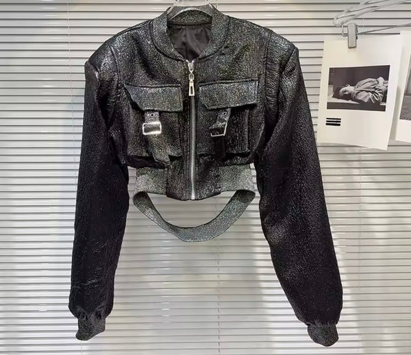 Women Color Fashion Buckled Zip Up Crop Jacket