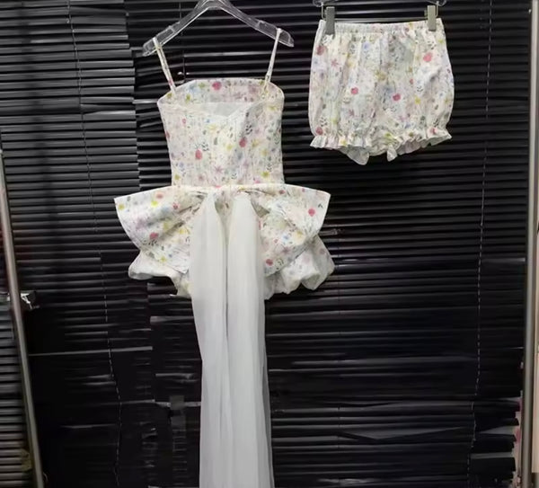 Women Floral Strapless Bow Two Piece Dress Set