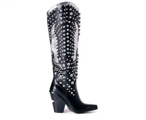 Women Fashion Rivet Faux Leather Western Knee High Boots