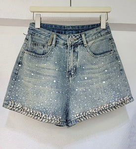 Women Fashion Bling Rhinestone Denim Shorts