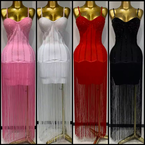 Women Rhinestone Sleeveless Fringe Tassel Sexy Maxi Dress
