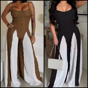 Women Fashion Sleeveless Color Patchwork Wide Leg Jumpsuit