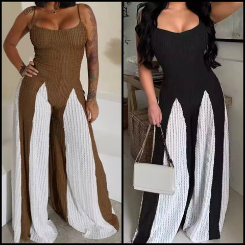 Women Fashion Sleeveless Color Patchwork Wide Leg Jumpsuit