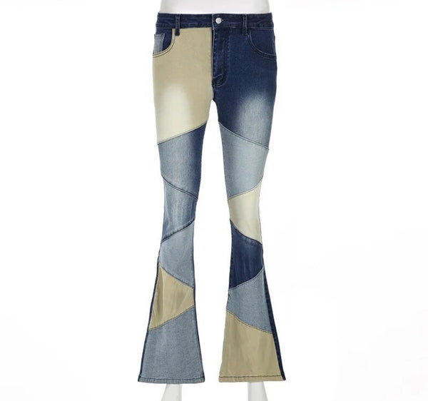 Women Fashion Color Patchwork Boot Cut Denim Pants